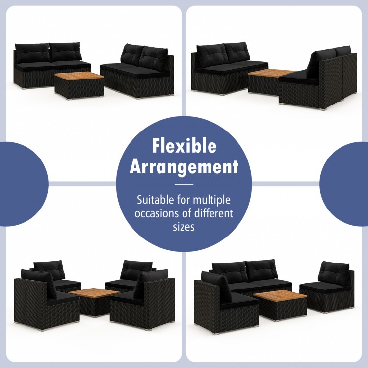 5-piece outdoor furniture set in black with soft cushions and solid tabletop, ideal for backyard and poolside.