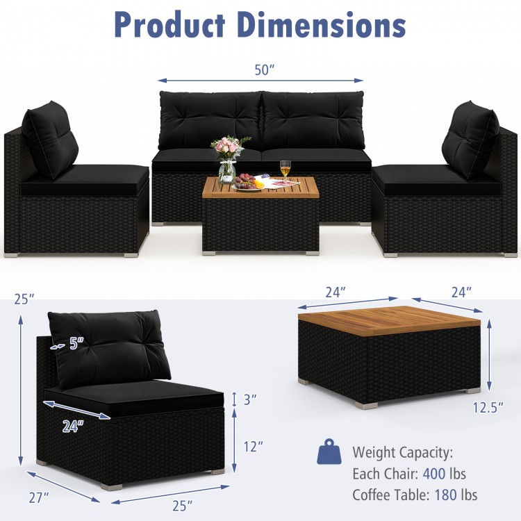 5-piece outdoor furniture set with black PE rattan, soft cushions, and solid tabletop, ideal for backyard relaxation.