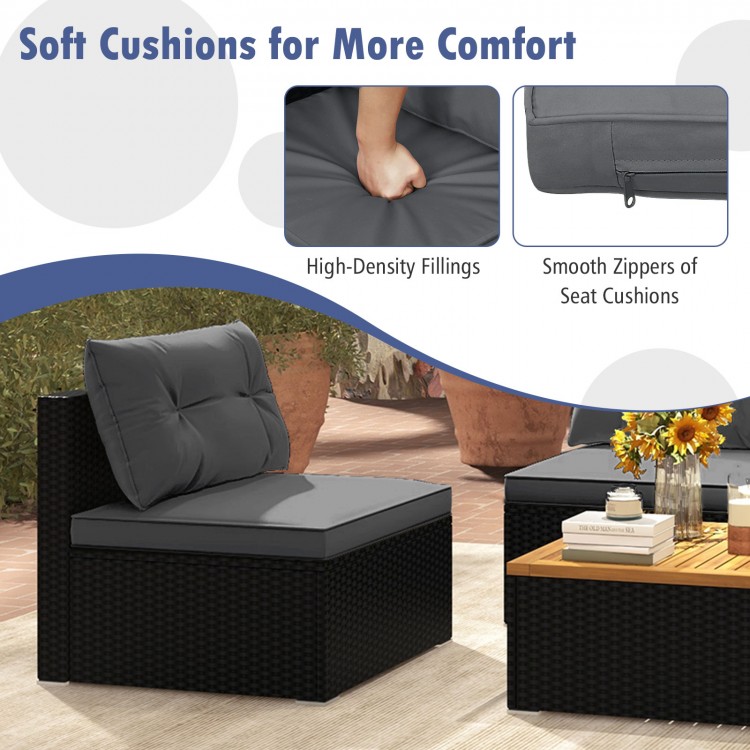 L-shaped outdoor furniture set featuring gray soft cushions, PE rattan, and a solid tabletop for backyard relaxation.