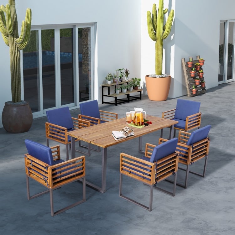 Outdoor acacia wood dining chair set of 6 with navy cushions, perfect for poolside or backyard gatherings.