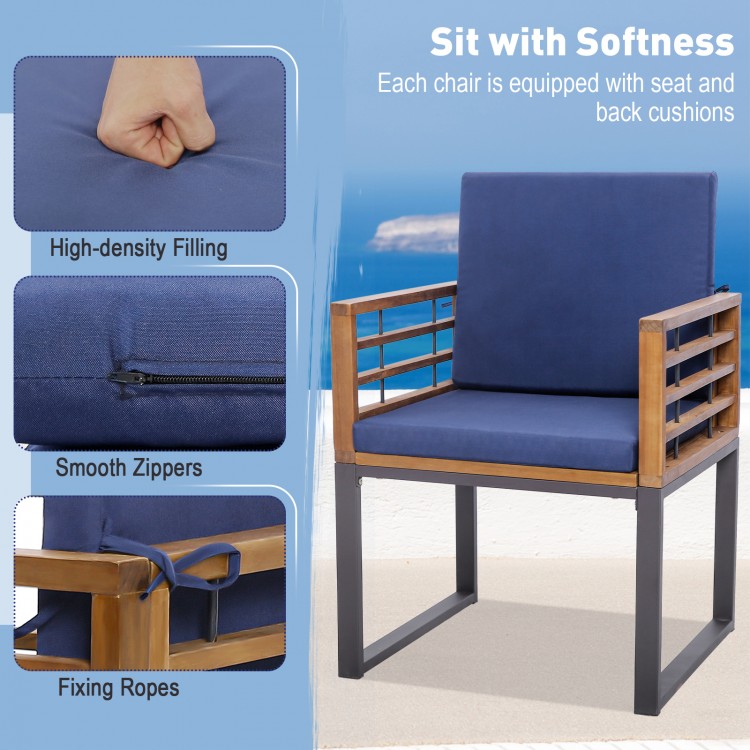 Navy outdoor acacia wood dining chair with soft cushions, featuring smooth zippers and fixing ropes for stability.