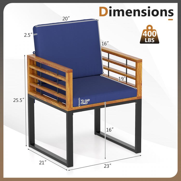 Navy seat back cushion outdoor acacia wood patio dining chair with metal frame, suitable for poolside or backyard use.