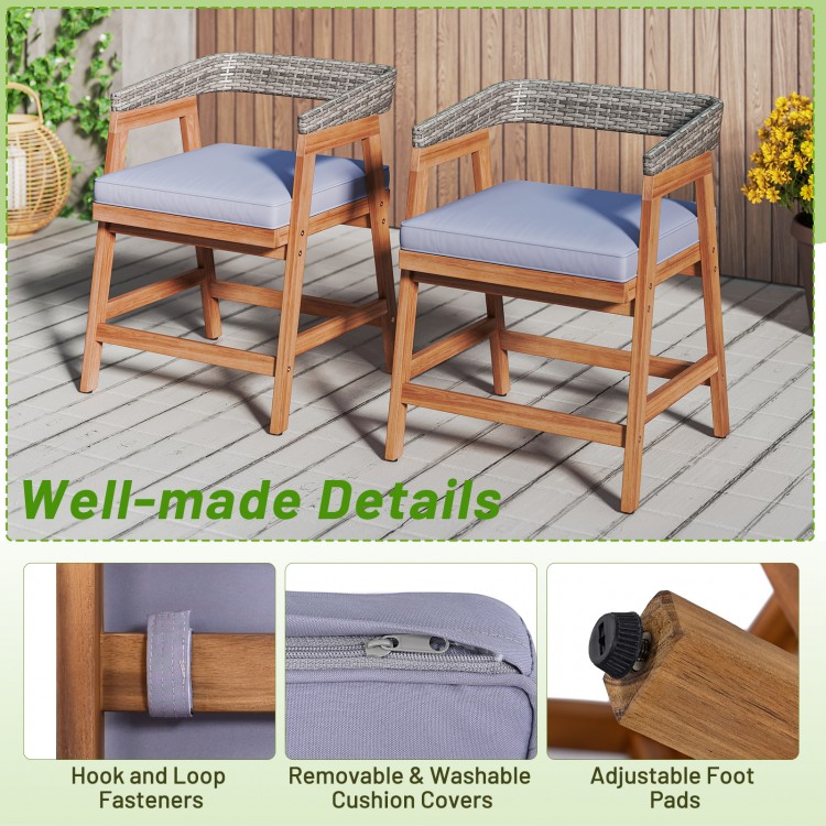 Outdoor acacia wood dining chairs set of 4 with gray seat cushions, featuring removable covers and adjustable foot pads.