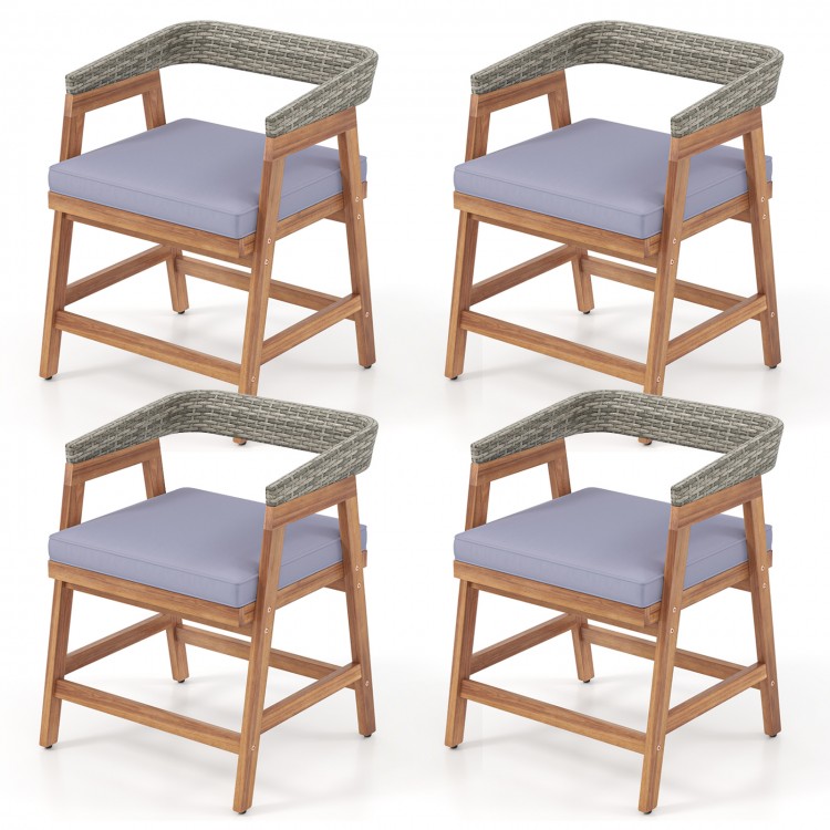 Set of 4 outdoor acacia wood patio wicker dining chairs with gray cushions, perfect for backyard or poolside relaxation.