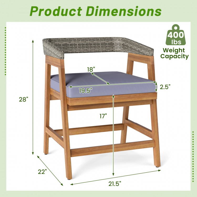 Dimensions of outdoor acacia wood patio dining chair with gray cushion, featuring a 400 lbs weight capacity.