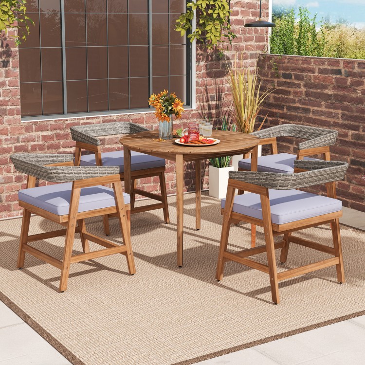 Outdoor acacia wood dining chairs set of 4 with gray seat cushions, perfect for backyard or poolside relaxation.