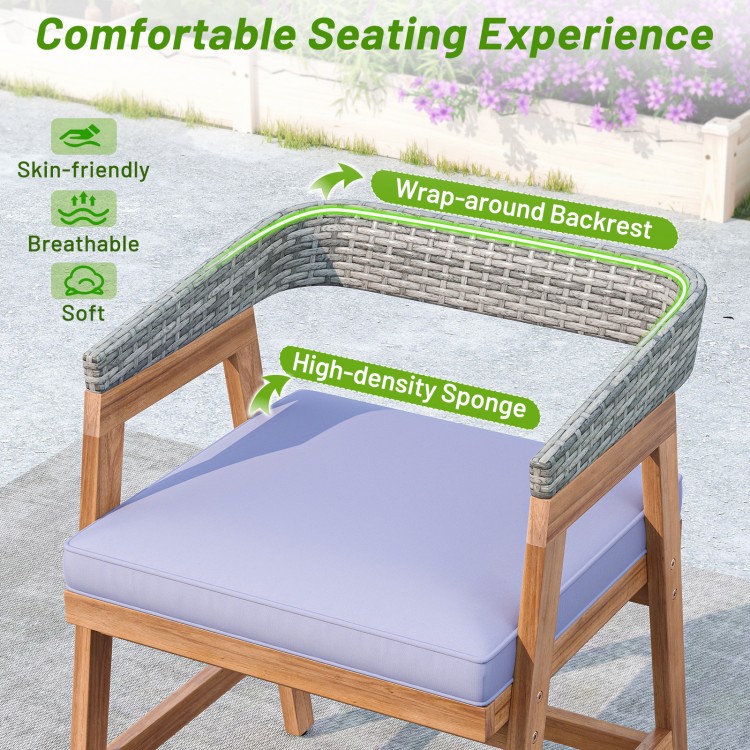 Outdoor acacia wood dining chair with gray seat cushion, featuring a wrap-around backrest for comfort and support.
