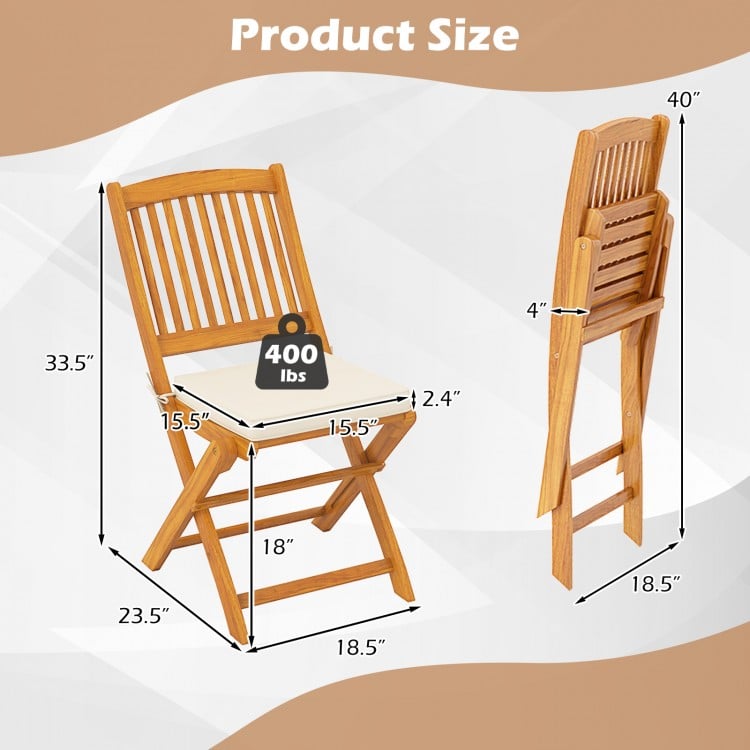 Folding outdoor chair dimensions with acacia wood, beige cushions, and 400 lbs capacity for versatile use.