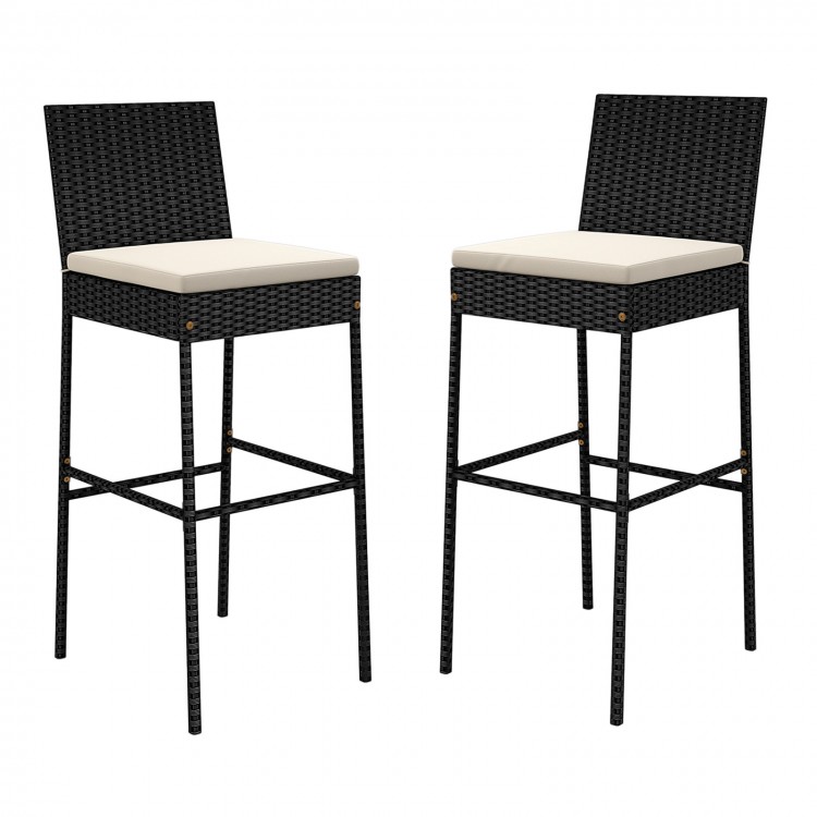 Set of 2 patio wicker barstools with backrest and footrest, featuring durable PE rattan and elastic seat cushions for.