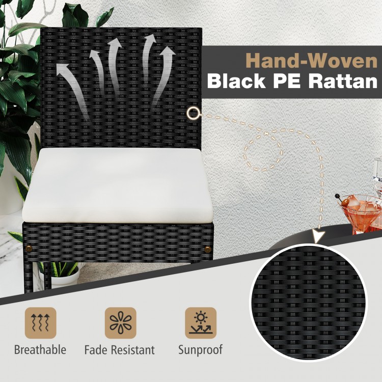Hand-woven black PE rattan barstool with backrest and footrest, ideal for backyard or poolside relaxation.