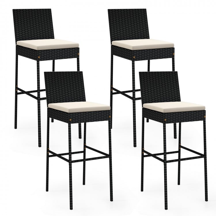 Set of 4 patio wicker barstools with backrest and elastic cushions, ideal for poolside or balcony use.