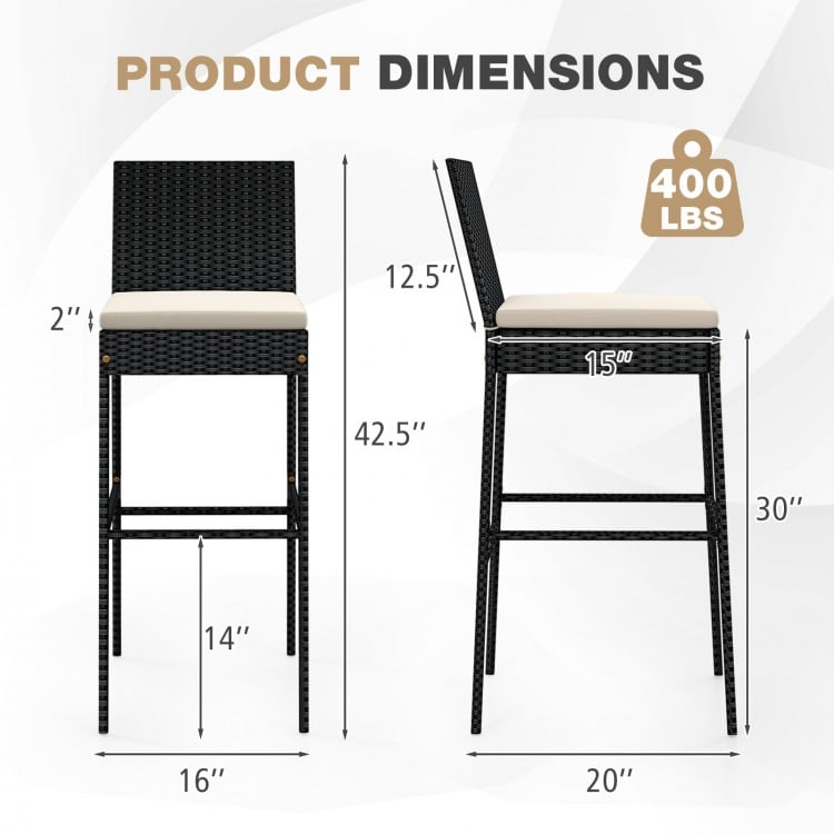 Patio wicker barstool dimensions with footrest and backrest, 30" seat height, supports up to 400 lbs, ideal for outdoor.