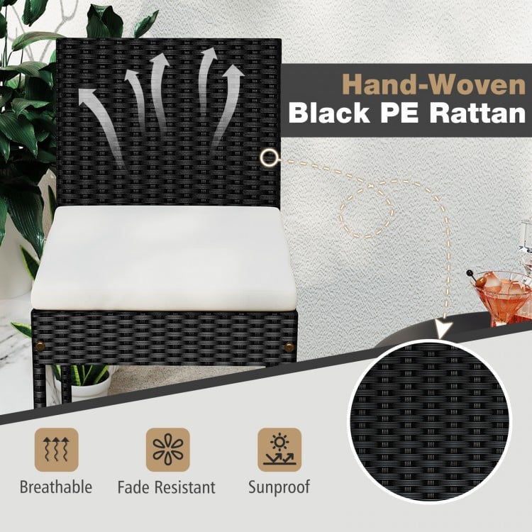 Hand-woven black PE rattan barstool with backrest and cushion, ideal for poolside or balcony seating.