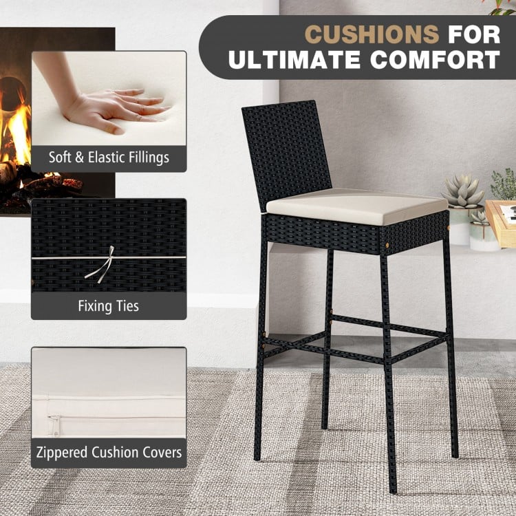 Patio wicker barstool set with backrest, elastic cushions, and fixing ties, ideal for poolside and backyard use.