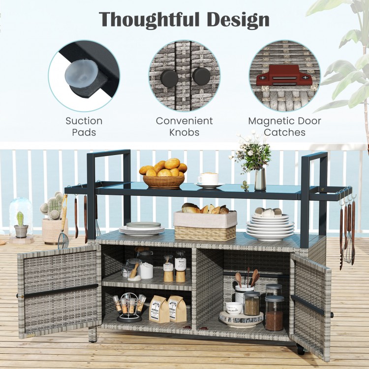 Outdoor bar cart with gray hand-woven PE rattan, tempered glass top, and 8 hooks for versatile storage and BBQ parties.