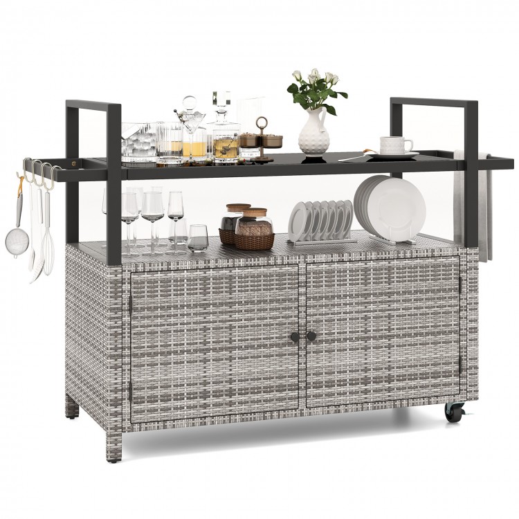 Outdoor bar cart with hand-woven PE rattan, tempered glass top, and 8 hooks, perfect for buffets and BBQ parties.