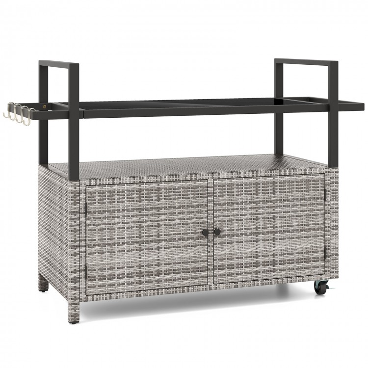 Outdoor bar cart with gray hand-woven PE rattan, tempered glass top, and 8 hooks, perfect for buffets and BBQ parties.