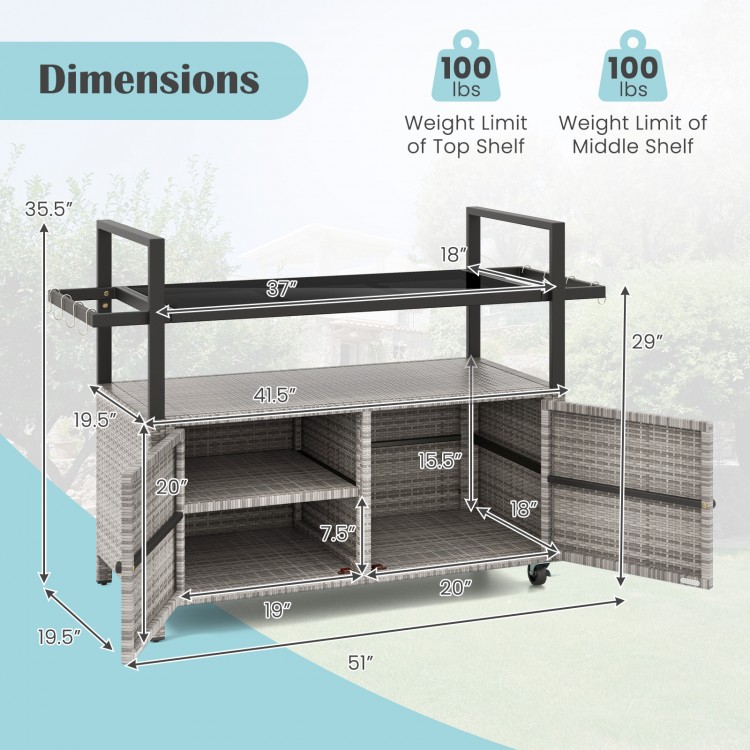 Dimensions of the gray outdoor bar cart with wicker design, featuring shelves, cabinet, and 8 hooks for versatile.
