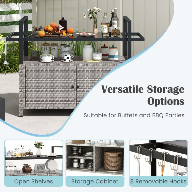 Gray outdoor bar cart with wicker design, featuring open shelves, cabinet, and 8 removable hooks for BBQ parties.