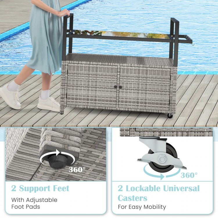 Outdoor wicker bar cart with cabinet, 8 hooks, and lockable casters for easy mobility at BBQ parties.