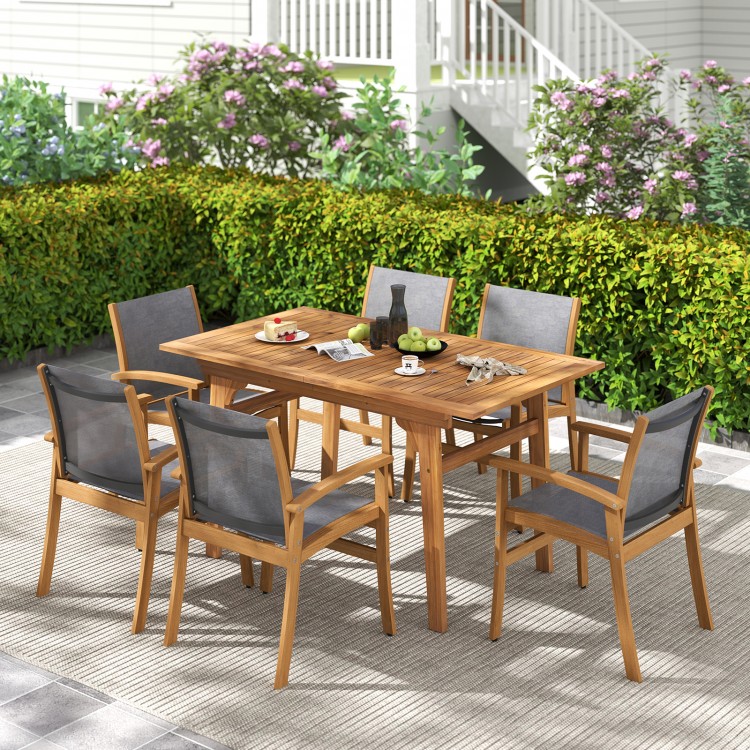 Expandable 55-inch patio dining table in solid acacia wood, seating 6-8 people, perfect for outdoor gatherings.