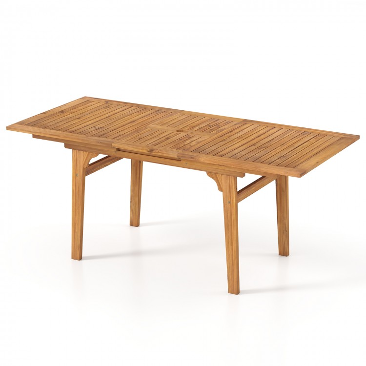 Expandable 55-inch patio dining table made of solid acacia wood, seating 6-8 people, featuring an umbrella hole.