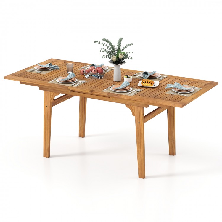 Expandable 55-inch patio dining table in solid acacia wood, seating 6-8 people, with an umbrella hole for outdoor use.