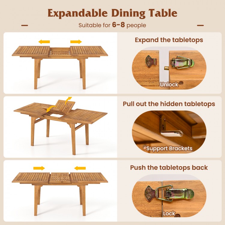 Expandable 55-inch patio dining table made of acacia wood, seating 6-8 people, featuring an umbrella hole for outdoor.