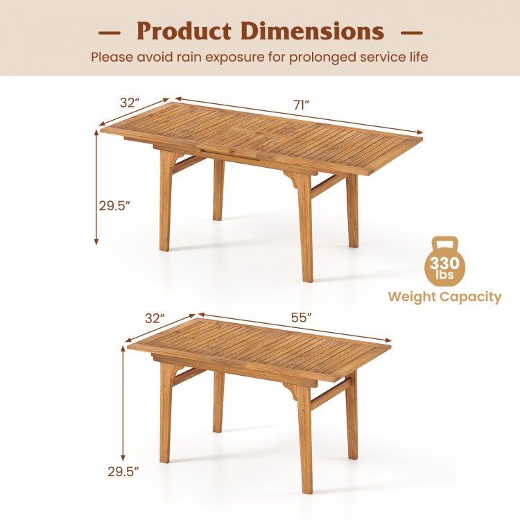 Expandable 55-71 inch patio dining table in solid acacia wood, seats 6-8, with umbrella hole for outdoor use.