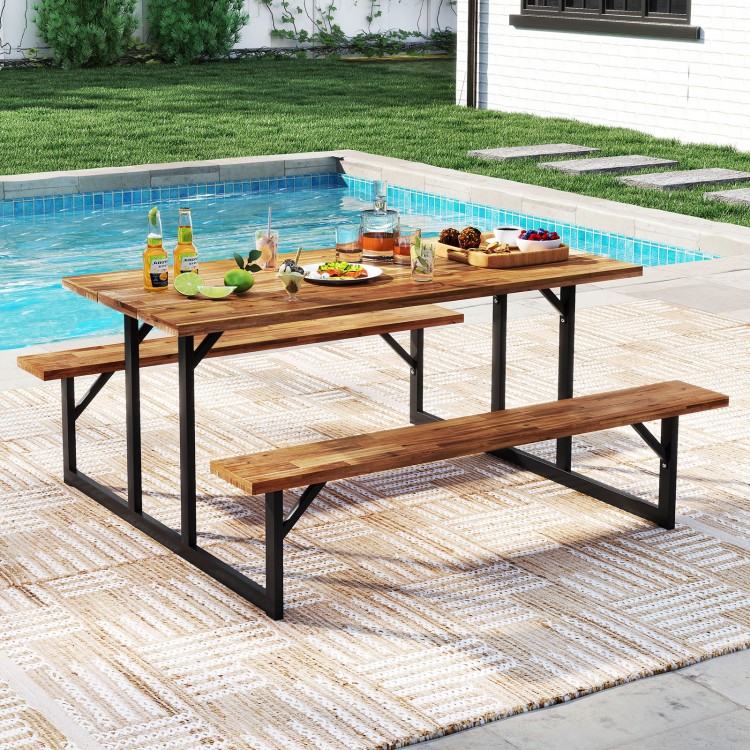 Acacia wood picnic table with two built-in benches, ideal for outdoor gatherings by the poolside or patio.