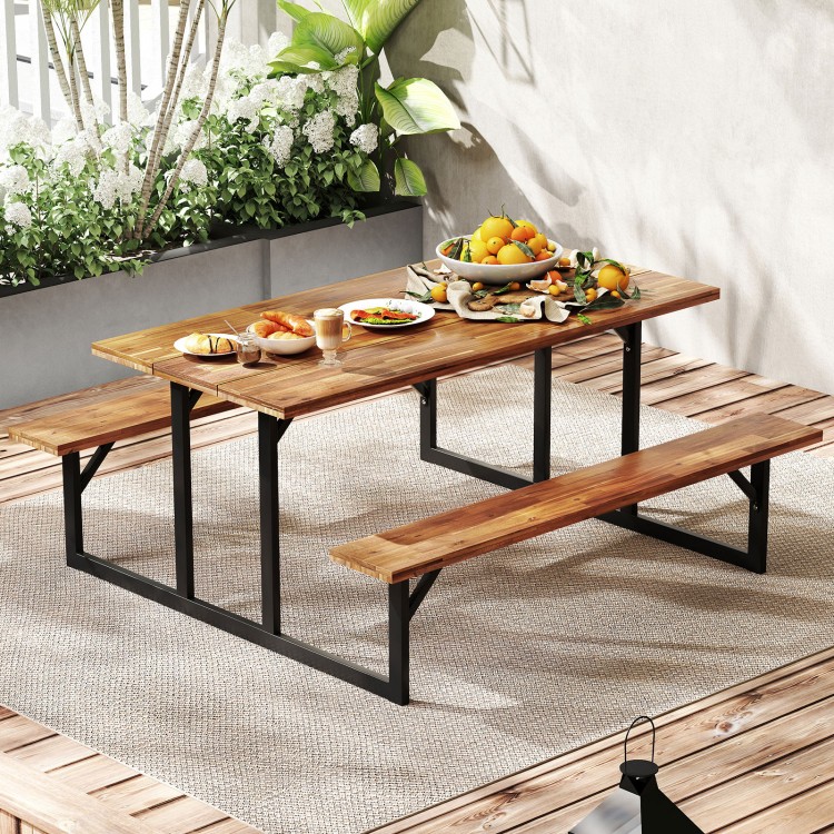 Acacia wood picnic table with dual built-in benches, designed for 6 people, perfect for outdoor dining on the patio.