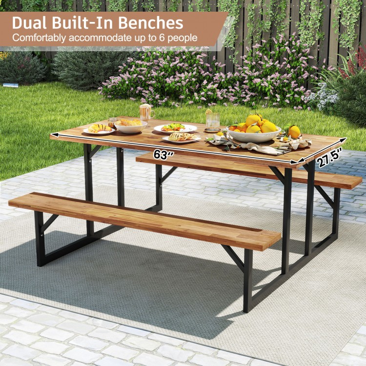 6-person acacia wood picnic table with dual built-in benches, ideal for outdoor dining on deck or patio.