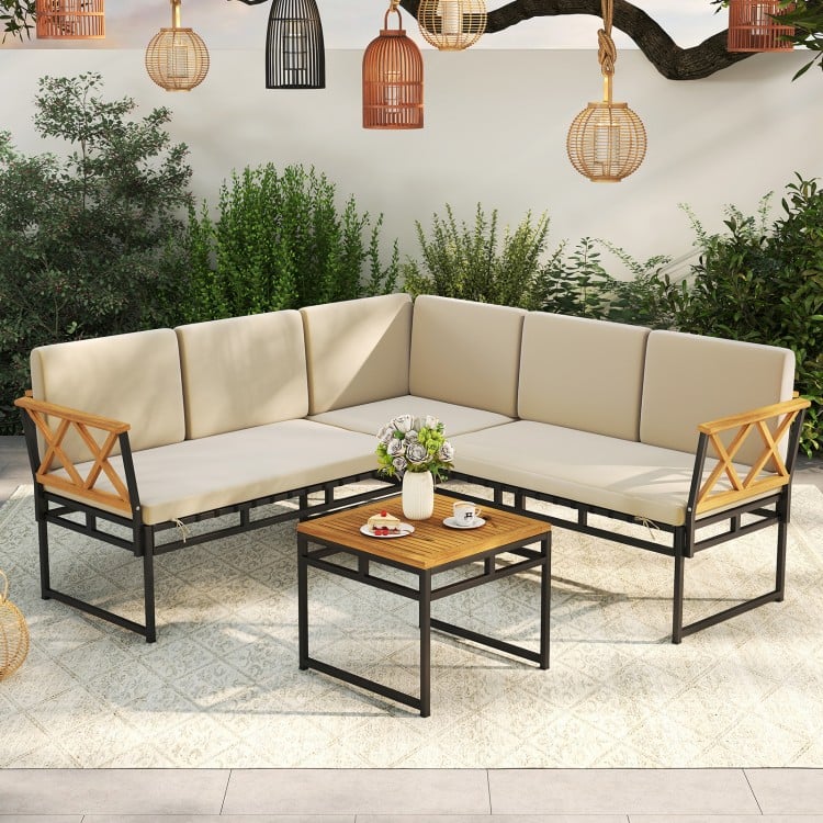 Top view of the 4 Pieces Patio L-Shaped Sofa Set featuring cushions and acacia wood accents, ideal for outdoor.