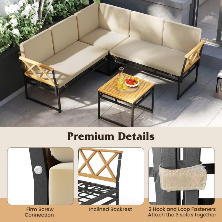 L-shaped patio sofa set with beige cushions, acacia wood armrests, and a side table, perfect for backyard relaxation.