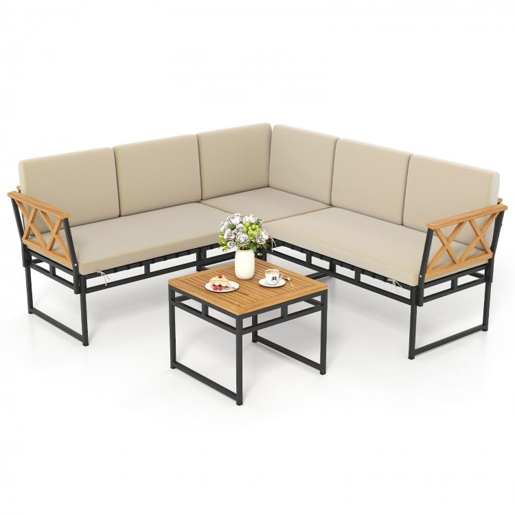Side view of the 4 Pieces Patio L-Shaped Sofa Set with beige cushions, featuring sturdy metal frame and elegant acacia.