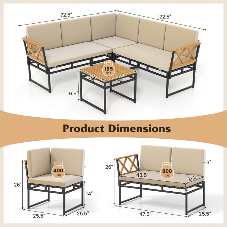 L-shaped patio sofa set with cushions, acacia wood armrests, and side table, ideal for backyard or poolside use.