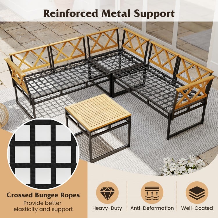 L-shaped patio sofa set with brown cushions and acacia wood armrests, perfect for backyard or poolside relaxation.