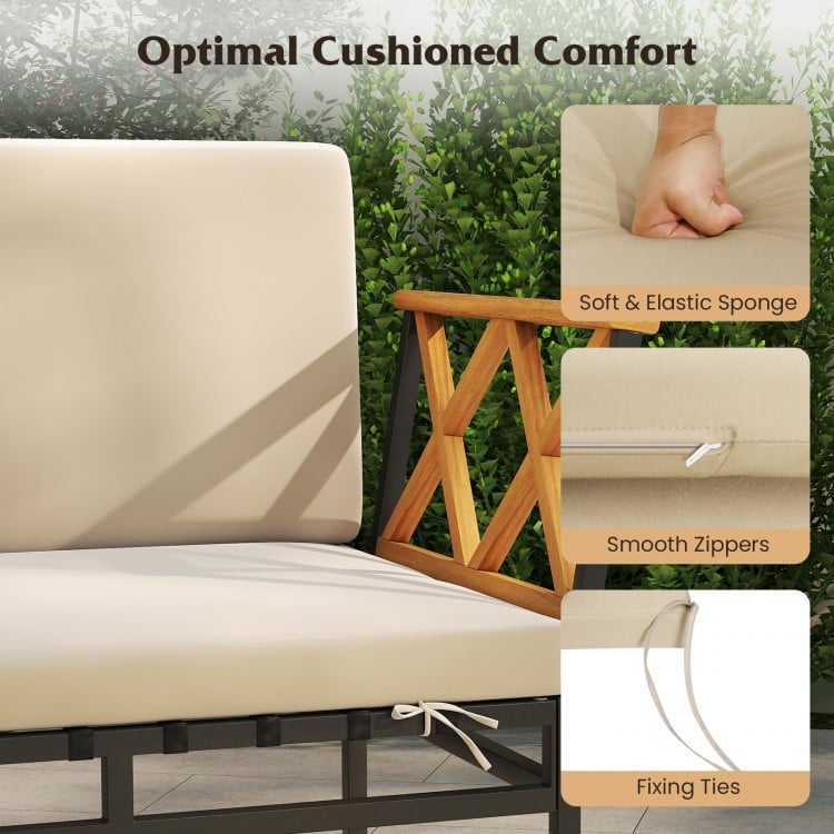 Cushion detail of the 4 Pieces Patio L-Shaped Sofa Set showcasing soft sponge, smooth zippers, and fixing ties for.