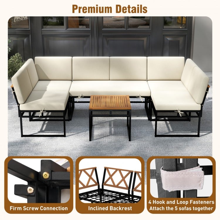 6-piece outdoor sectional sofa set with beige cushions, featuring a metal frame and acacia wood accents for backyard.