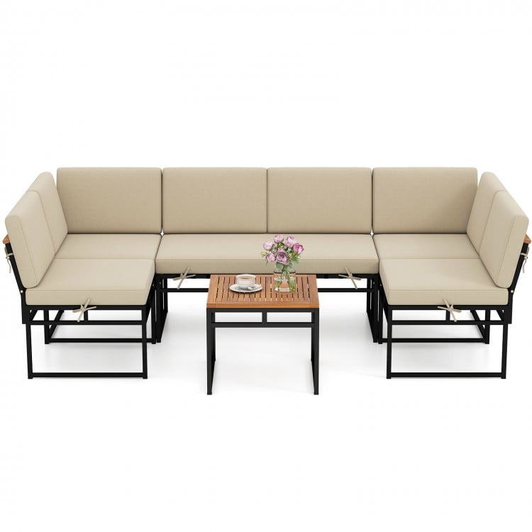 6-piece outdoor sectional sofa set with beige cushions and acacia wood tabletop, perfect for backyard relaxation.