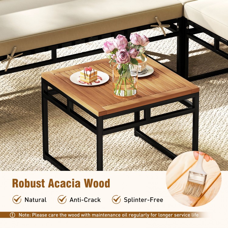 Acacia wood tabletop with metal frame, showcasing natural elegance and durability for outdoor sectional sofa set.