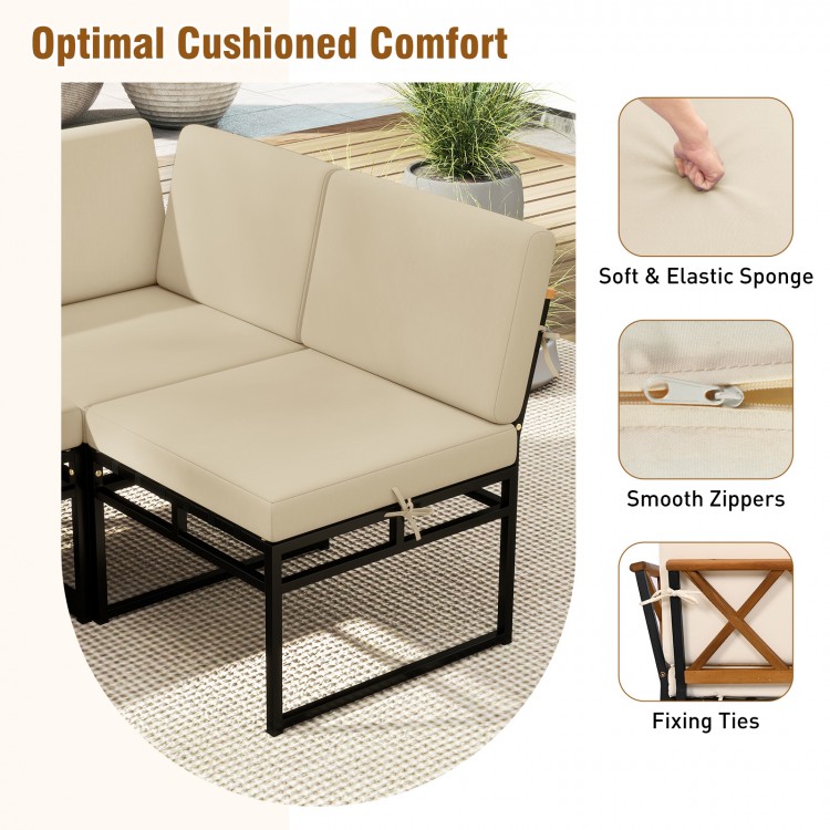 Beige cushion detail of the 6-piece outdoor sectional sofa set with metal frame and fixing ties for secure comfort.