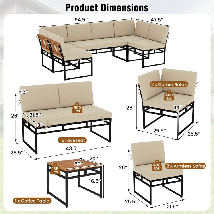 6-piece outdoor sectional sofa set with beige cushions, metal frame, and acacia wood tabletop, ideal for backyard.