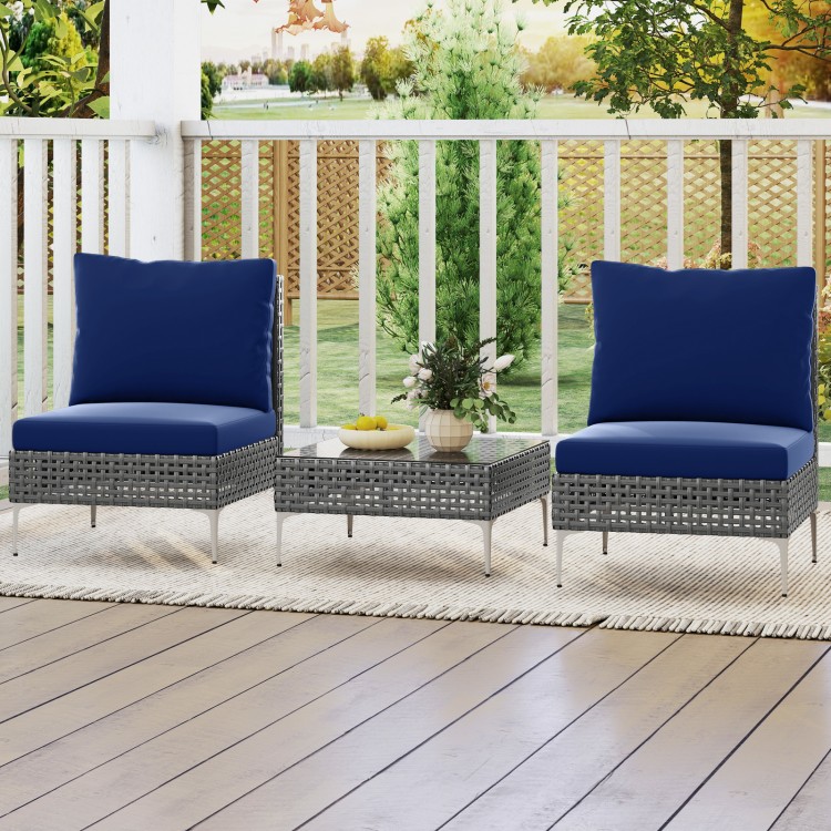 Navy blue cushion detail on a PE rattan chair, featuring smooth zippers for easy maintenance, ideal for outdoor.