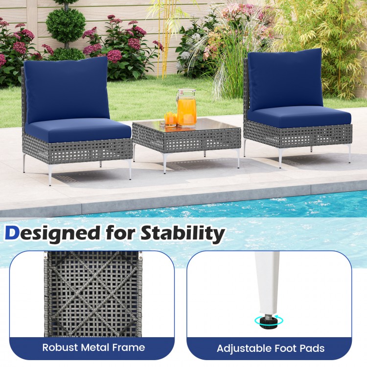 Navy blue PE rattan conversation chairs with tempered glass coffee table, designed for stability in outdoor settings.