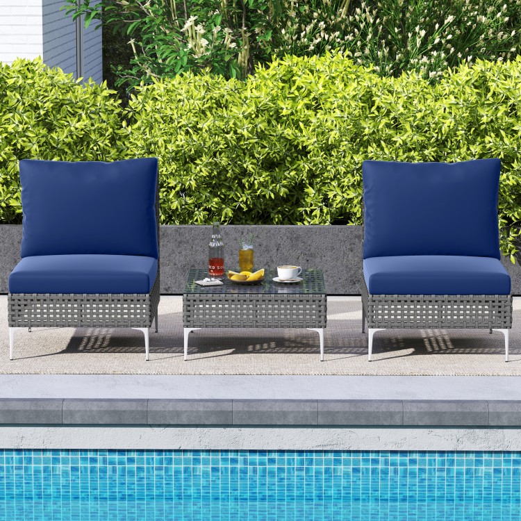 Navy blue cushion conversation chairs with tempered glass coffee table, perfect for garden or patio relaxation.