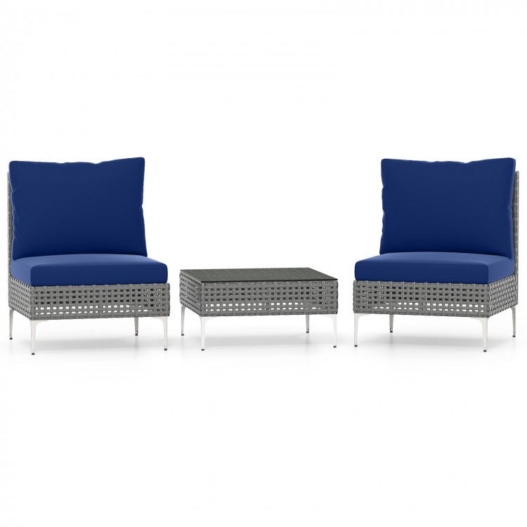 Navy blue cushioned conversation chairs with a tempered glass coffee table, made of durable PE rattan for outdoor use.