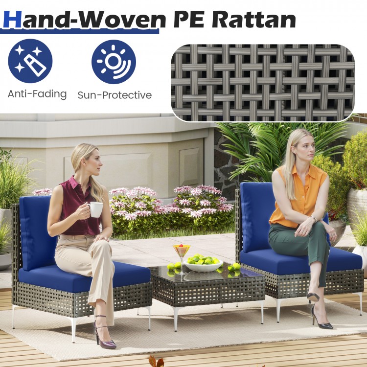 Two navy cushions on hand-woven PE rattan chairs with a glass coffee table, perfect for garden or patio use.