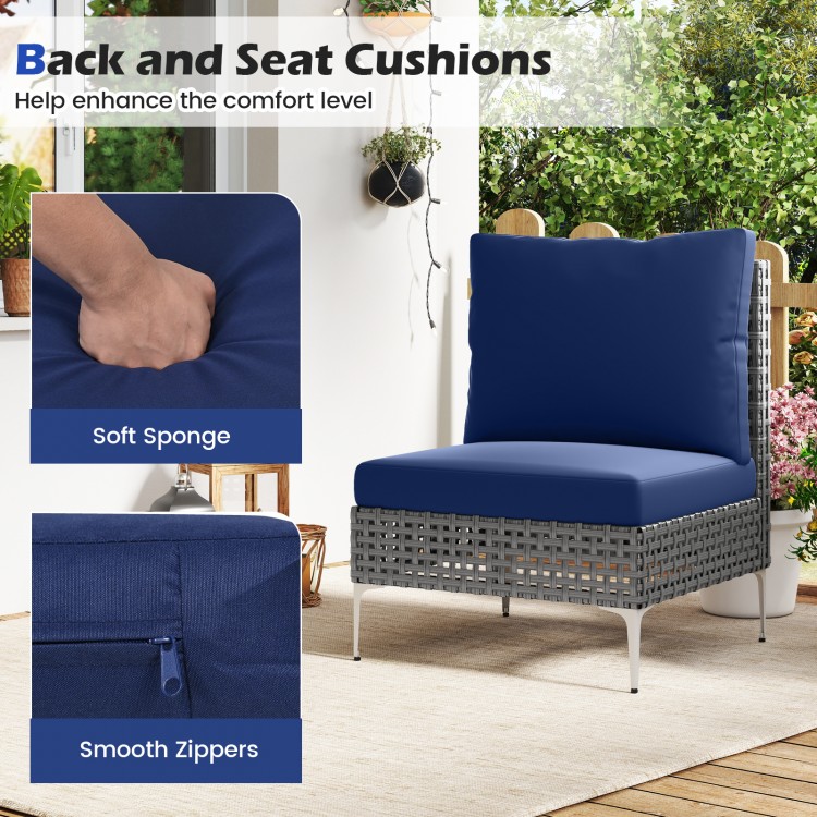 Navy back and seat cushions on a PE rattan chair, featuring smooth zippers for easy cleaning, ideal for outdoor comfort.
