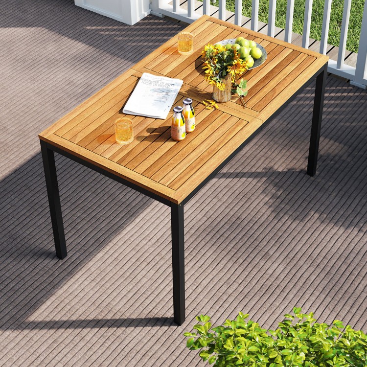 Acacia wood outdoor dining table with a sturdy metal frame, perfect for patio gatherings and meals.